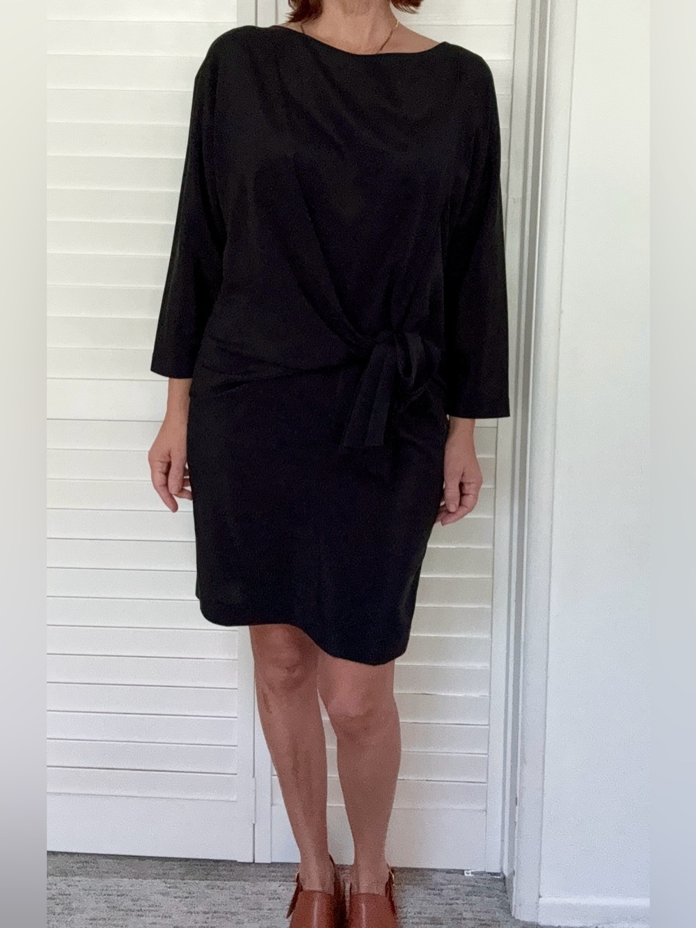 DKNY Black Silk Knot-Waist Shift Dress
